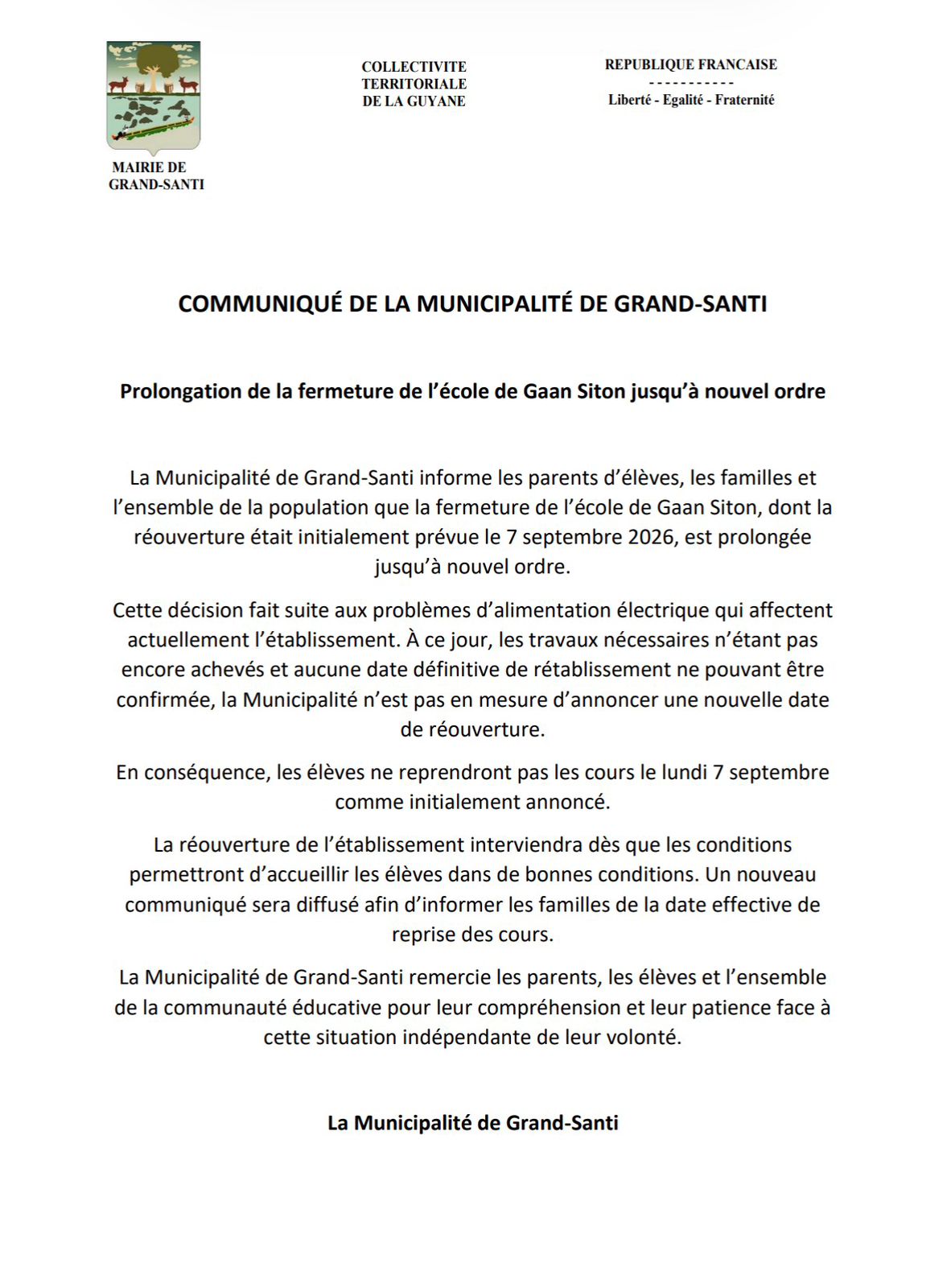 Fermeture de l’école de Gaan Siton jusqu'à nouvel ordre 